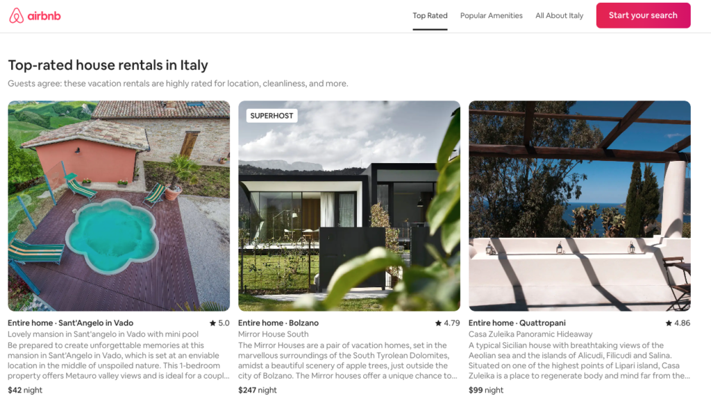 Italy product list page, Airbnb