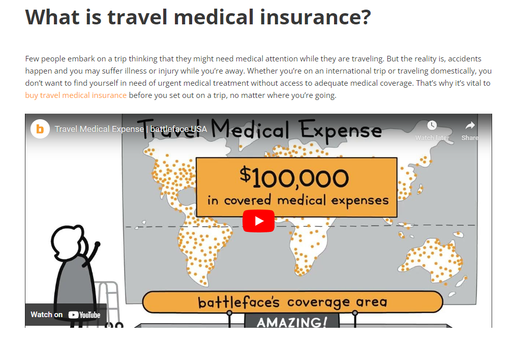 Screenshot of battleface website for blog post "what is travel medical insurance?"