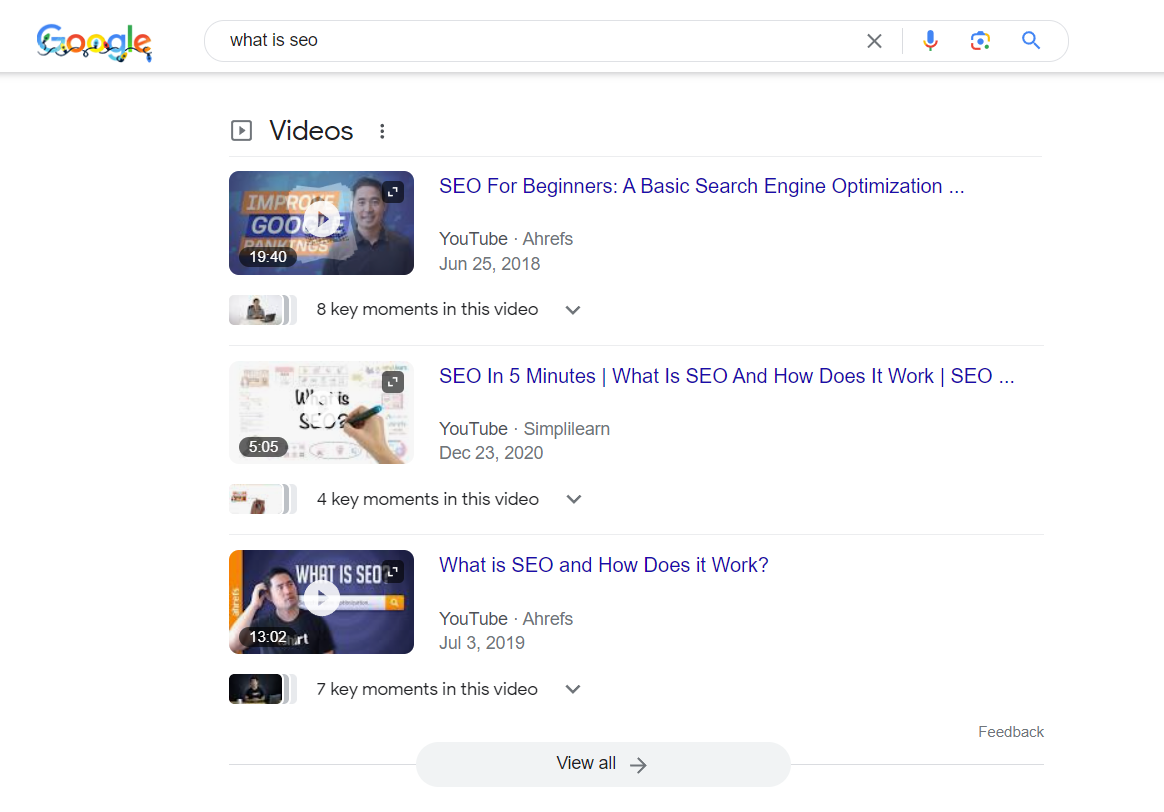 Screenshot of Google search results for "what is seo"