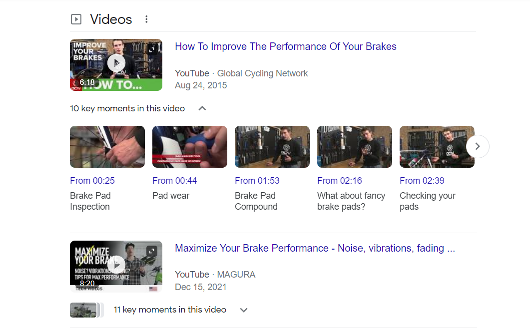 Screenshot of Google results for "how to fix bike breaks"